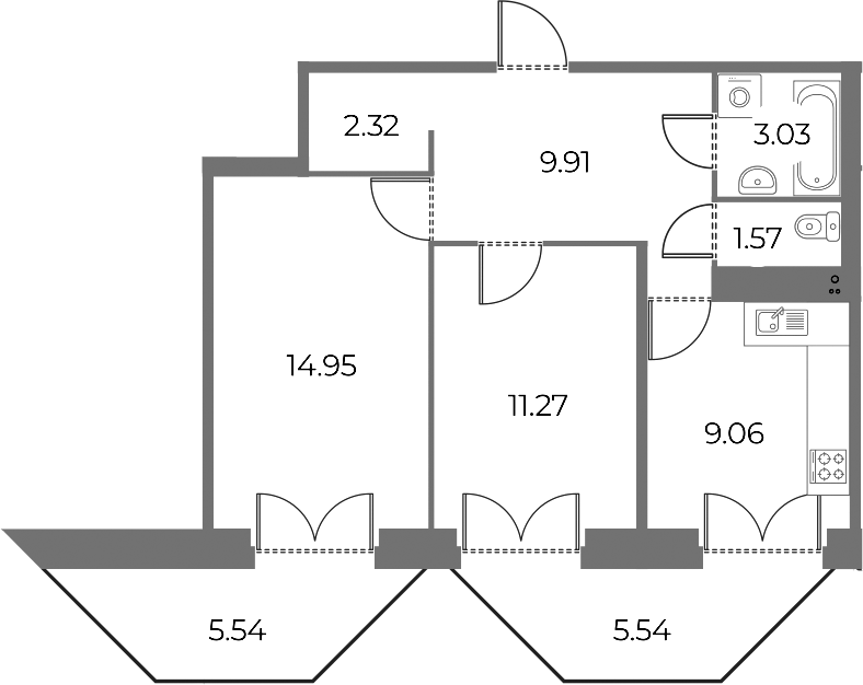 2-комнатная квартира 55.43 м², 18/18 эт., ЖК «Огни Залива»